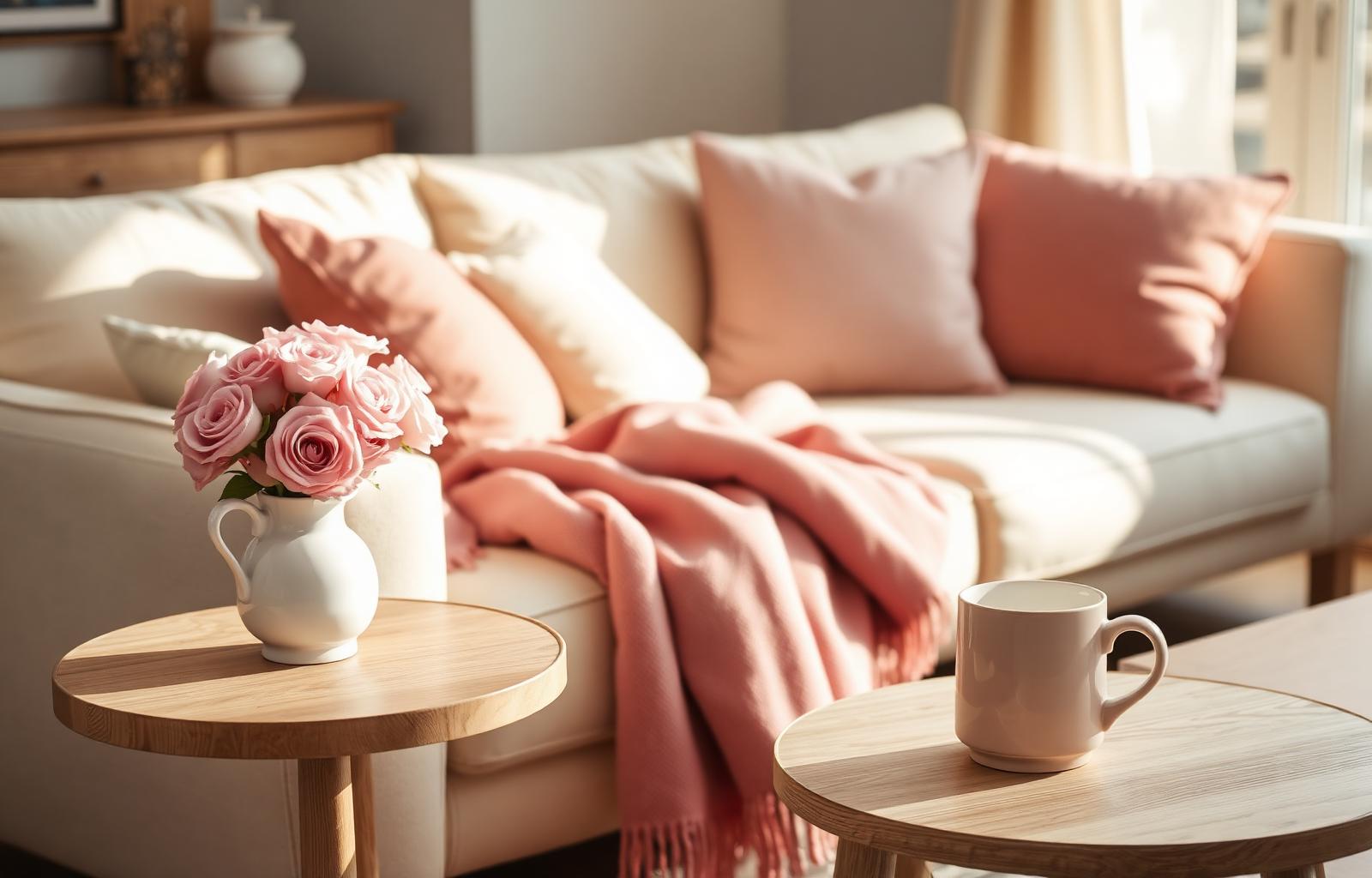 A cozy, warmly lit living room with a cream sofa, dusty rose throw, and fresh pink roses